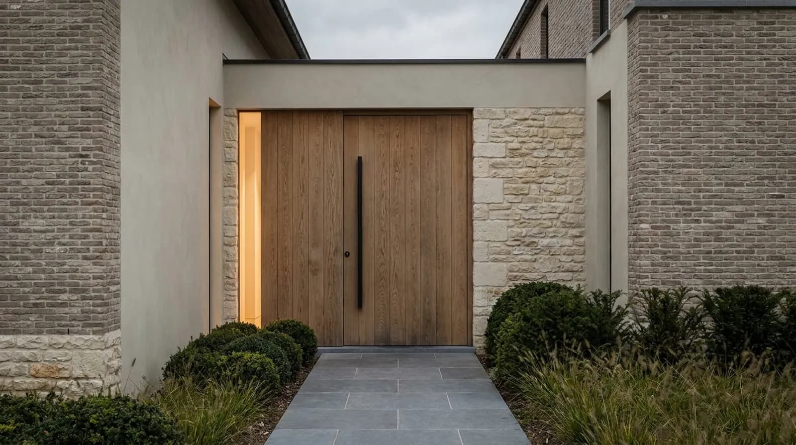 Avondlicht op de eiken voordeur van een Belgische woning, gemaakt door BrothersBuild