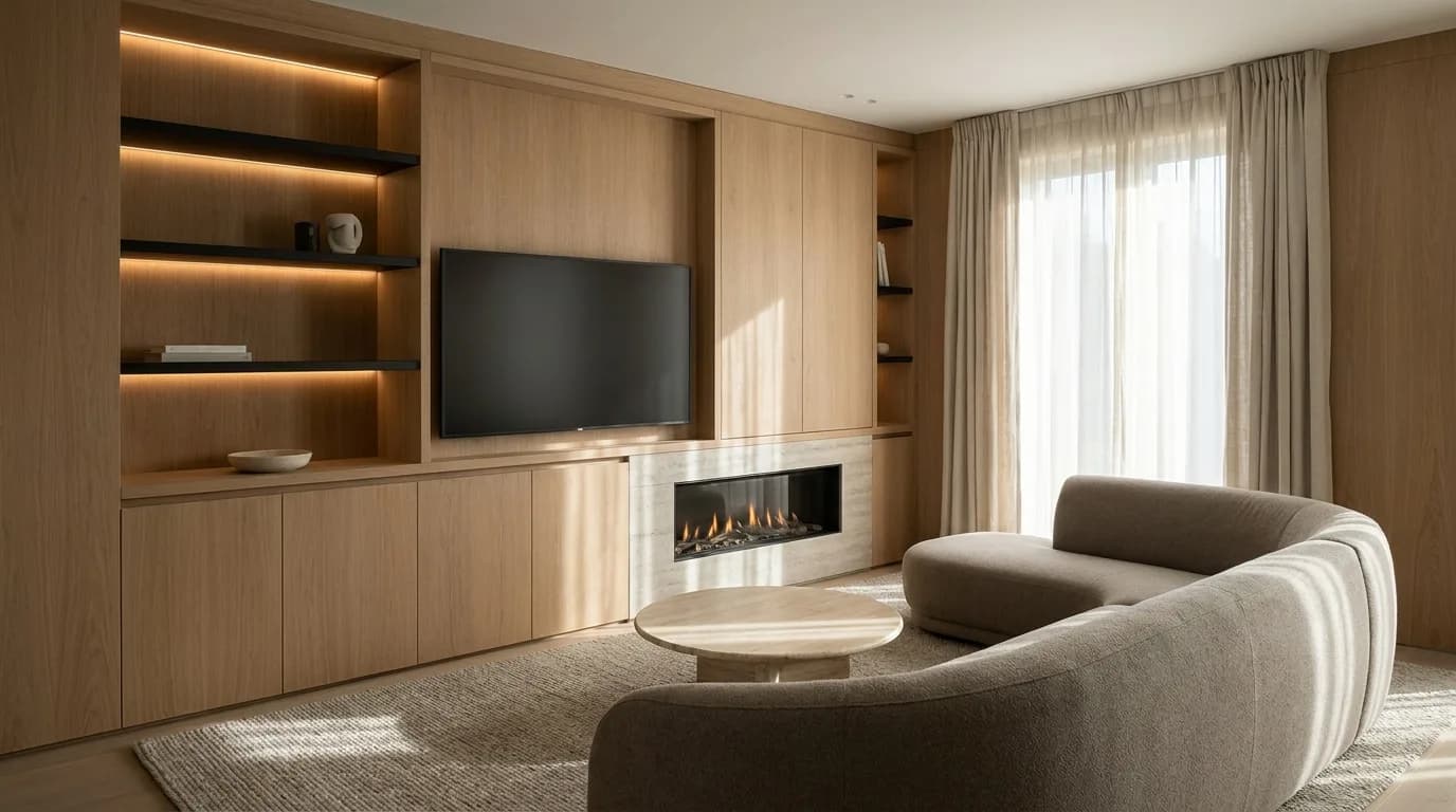 Leefruimte met tv-meubel op maat, haardintegratie en wandkasten in eik — stijl: Belgisch hedendaags